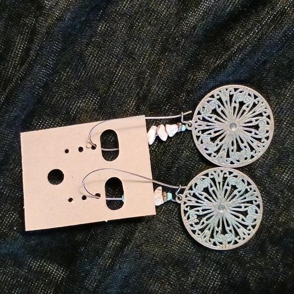 Dangle earrings, round, bead, copper, patina, green, turquoise, pink, cream - Picture 2 of 5